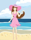 Happy traveler woman in pink dress enjoys her tropical beach vacation Royalty Free Stock Photo