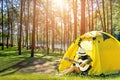 Happy traveler women on vacation camping with tents playing guitar in the forest near river.