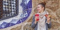 Happy traveller woman at Guell Park at Christmas looking aside Royalty Free Stock Photo