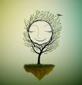 Happy tree character growing on the flying rock, smile tree in dream with bird, spring tree s dream,