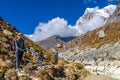 Happy trekker girl hiking in the mountains of Nepal