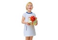 Happy trendy child on white showing Christmas present box