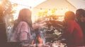 Happy trendy family cheering with red wine at barbecue dinner outdoor - Different age of people having fun at sunday bbq meal -