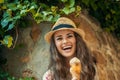 Happy trendy tourist woman in Pienza, Italy eating ice cream