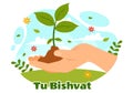 Happy Tu Bishvat Vector Illustration. Translation the Jewish New Year for Trees. Kids Planted a Tree in the Yard in Flat Cartoon