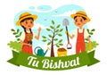 Happy Tu Bishvat Vector Illustration. Translation the Jewish New Year for Trees. Kids Planted a Tree in the Yard in Flat Cartoon