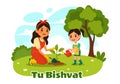 Happy Tu Bishvat Vector Illustration. Translation the Jewish New Year for Trees. Kids Planted a Tree in the Yard in Flat Cartoon