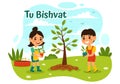 Happy Tu Bishvat Vector Illustration. Translation the Jewish New Year for Trees. Kids Planted a Tree in the Yard in Flat Cartoon