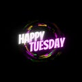 Happy Sunday Greetings Glowing Design. Colorful Neon Rings & Black Background. Colorful Weekdays Design for Social Media.