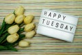 Flat lay Happy Tuesday text in light box with space copy flat lay on colorful background