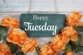 Happy Tuesday text with flower decoration on wooden background Royalty Free Stock Photo