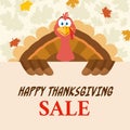 Happy Turkey Bird Cartoon Mascot Character Holding A Happy Thanksgiving Sale Sign Royalty Free Stock Photo