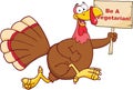 Happy Turkey Bird Character Running With A Blank Wood Sign