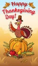 Happy thanksgiving day illustration.Turkey in pilgrim hat on the pumpkin with vegetables and fruits.