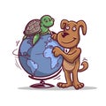 Happy Turtle and Dog on the globe