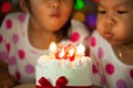 Happy twin two asian little girls celebrating birthday Royalty Free Stock Photo