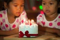 Happy twin two asian little girls celebrating birthday Royalty Free Stock Photo