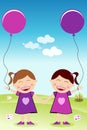 Happy Twins Hand in Hand with Balloons