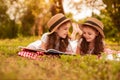 Happy twins reading book during picnic