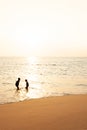 Happy two asian boys playing and laughing on the sunset beach Royalty Free Stock Photo