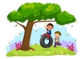 Happy two boys playing tire swing under the tree