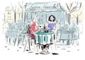 Happy Two Woman Friend Breakfast Together And Talking At French Paris Restaurant, Happy Friends Moment Design Illustration. Royalty Free Stock Photo