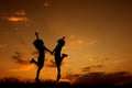 Happy of two women jumping and sunset silhouette Royalty Free Stock Photo