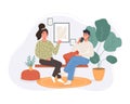 Happy two women sitting in the couch drinking coffee and talking at home. Smiling character spending time together Royalty Free Stock Photo