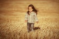 Happy two year old girl walking in summer harvested field