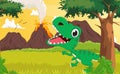 Happy tyrannosaurus cartoon with the prehistoric background