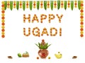 Happy Ugadi Greeting Card Background With Decorated Kalash and mangoes traditional new year festival in karnataka andra paradesh a Royalty Free Stock Photo