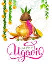 Happy ugadi indian holiday greeting card. Gold pot, coconut, mango and flower garland