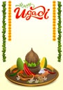 Happy Ugadi lettering text. Set Holiday accessories. Coconut, sugar, salt, pepper, banana, mango