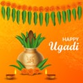 Happy Ugadi Poster vector illustration. Marigold flowers and Mango leaves. Traditional Indian festival with mandala and decoration