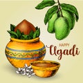 Happy Ugadi. Template greeting card for holiday. Sketch Style Royalty Free Stock Photo