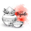 Happy Ugadi. Template greeting card for holiday. Sketch Style. Watercolor background, backdrop, wallpaper Royalty Free Stock Photo