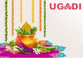 Happy Ugadi. Template greeting card for holiday Ugadi. Gold pot with coconut Royalty Free Stock Photo