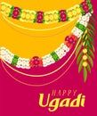 Happy ugadi text greeting card. Floral garland mala