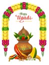 Happy Ugadi text greeting card. Traditional food Indian New Year symbol