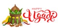 Happy Ugadi text template greeting card for indian holiday. Traditional food coconut pot and mango leaves