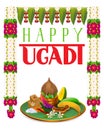 Happy Ugadi traditional food and garland decoration. Mango leaf, sugar, salt, banana, neem and flower garland mala