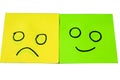 Happy and unhappy concept. Background of green sticky notes. Happy sticky note is among unhappy sticky notes Royalty Free Stock Photo