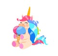 Happy unicorn with ice cream. Little magic horse eating tasty dessert. Cafe bar bakery or coffee shop print design
