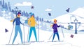 Happy United Family Skiing in Mountains Resort. Royalty Free Stock Photo