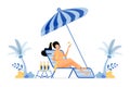 Happy vacation illustration of sunbathing women sit on beach and drink alcoholic. enjoy holiday under a coconut tree. Vector