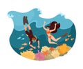 Happy Vacation with Man and Woman Couple Diving Underwater Together Vector Illustration