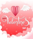 Happy valentines day greetings card with realistic paper cut hearts shape flying on the wings and clouds on a background of pink s Royalty Free Stock Photo