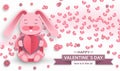 Happy Valentine Day background. Good design template for banner, greeting card, flyer. Paper art bunny, flowers and Royalty Free Stock Photo