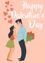 Happy valentine day card. Couple in romantic relationships. Guy gives girl flowers bouquet. Boyfriend and girlfriend on Royalty Free Stock Photo