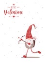 Happy Valentine day card with cute nordic gnome in red hat with bow and cupids arrows. Be my Valentine. Season greetings Royalty Free Stock Photo
